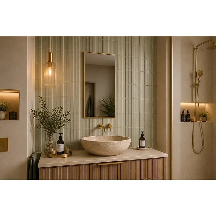 CORDIA PLUS spiegel Rimini Line mit goldfarben eloxiertem Aluminiumrahmen, 80 × 41 cm -  - Modernes Badezimmer mit salbeigrünen Fliesen, einem Steinwaschbecken und goldenen Armaturen, die eine warme, elegante Atmosphäre schaffen.
