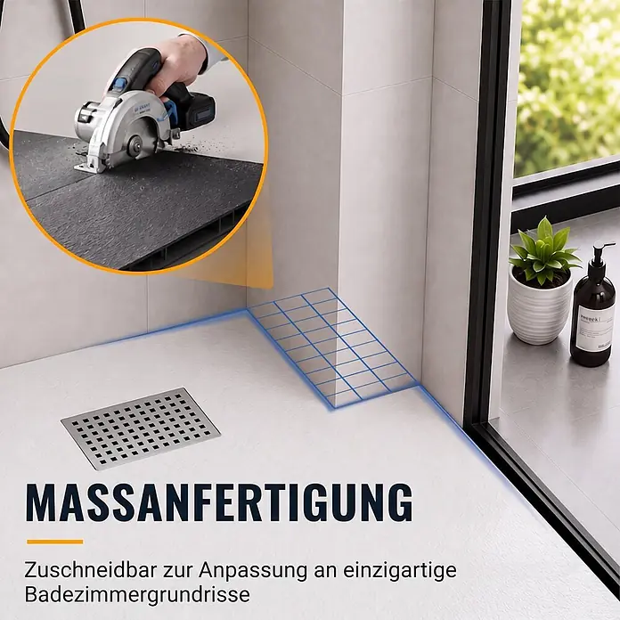 Dalsys Duschwannen-Set - L x B: 90 x 90 cm, Verbundwerkstoff - Graues, strukturiertes Duschbecken wird mit Kreissäge für individuelle Badgrundrisse zugeschnitten.