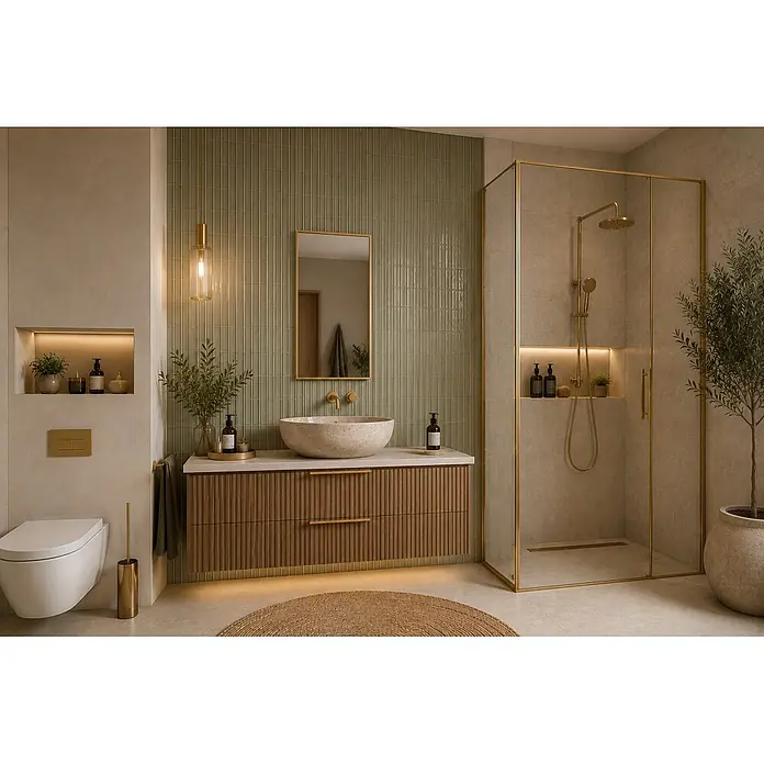 CORDIA PLUS spiegel Rimini Line mit goldfarben eloxiertem Aluminiumrahmen, 80 × 41 cm -  - Modernes Badezimmer mit salbeigrünen Fliesen, Holzwaschtisch, Steinwaschbecken und Messingarmaturen. Mit integrierter Beleuchtung und Glasdusche.
