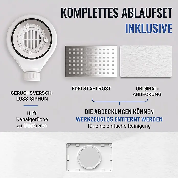 Dalsys Duschwannen-Set - L x B: 90 x 90 cm, Verbundwerkstoff - Komplettes Ablaufset: Geruchsverschluss-Siphon, Edelstahlrost & befliesbare Abdeckung. Abdeckungen werkzeuglos zur Reinigung entfernbar.