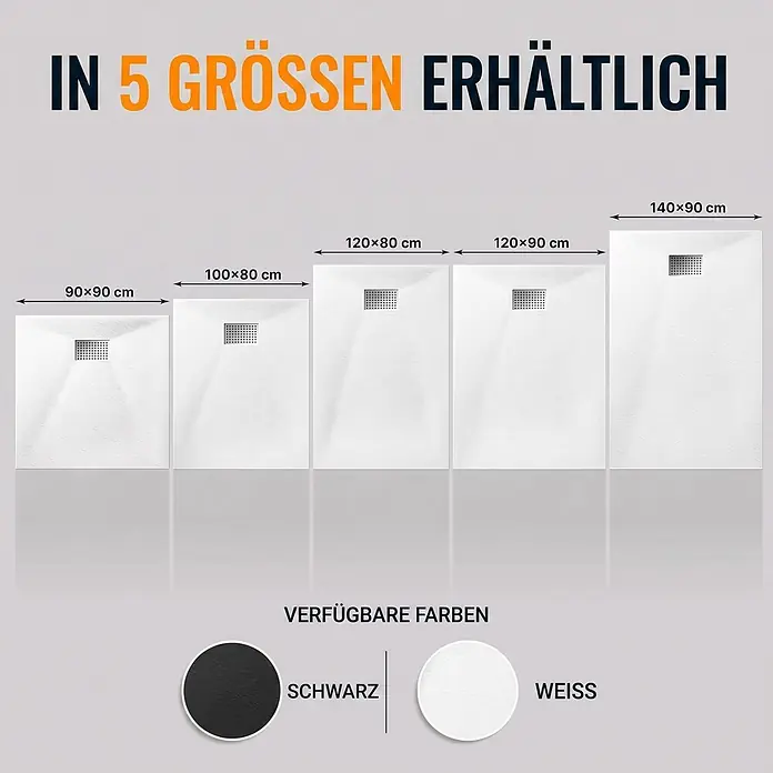 Dalsys Duschwannen-Set - L x B: 90 x 90 cm, Verbundwerkstoff - Fünf weiße Duschwannen in 5 Größen, von 90x90 bis 140x90 cm, erhältlich in Schwarz und Weiß.