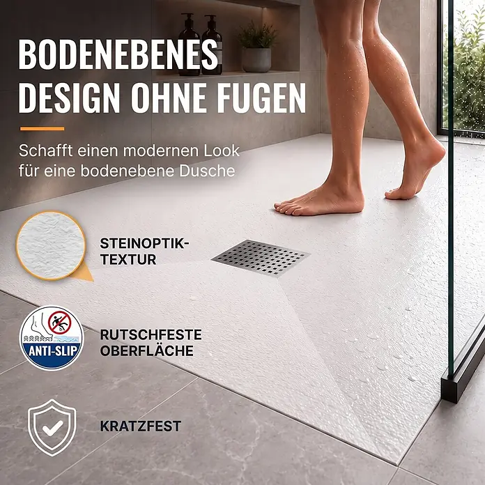 Dalsys Duschwannen-Set - L x B: 90 x 90 cm, Verbundwerkstoff - Ebenerdige Duschfläche mit Steinoptik-Textur und Abfluss, mit nassen Füßen gezeigt, betont rutschfestes, fugenloses Design.