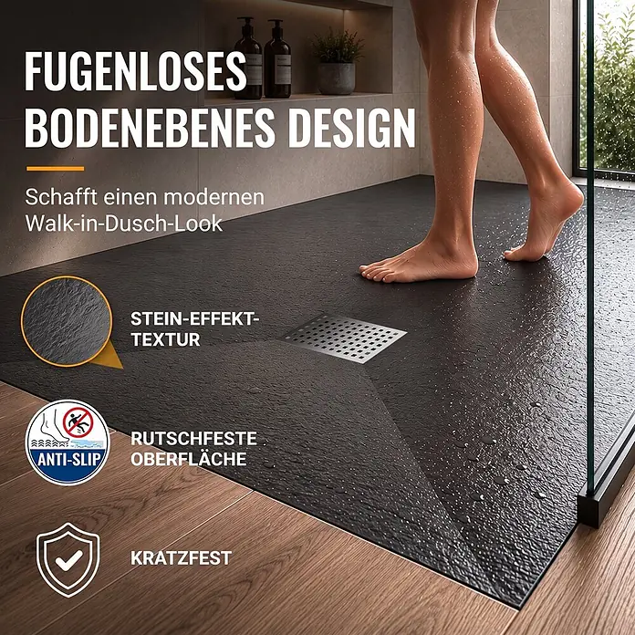 Dalsys Duschwannen-Set - L x B: 100 x 80 cm, Verbundwerkstoff - Dunkle, fugenlose Duschwanne in Steinoptik mit nassen Füßen auf rutschfester Oberfläche.
