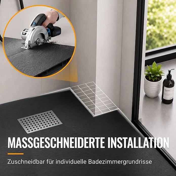 Dalsys Duschwannen-Set - L x B: 100 x 80 cm, Verbundwerkstoff - Dunkle, texturierte Duschwanne wird für die individuelle Installation zugeschnitten, mit Ablauf und Gitterüberlagerung.