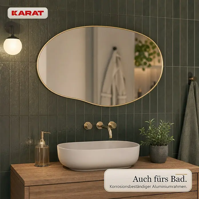 Floordirekt Wandspiegel Lena - 60,1 x 90,1 cm - Goldgerahmter ovaler Spiegel mit korrosionsbeständigem Aluminiumrahmen im Badezimmer.