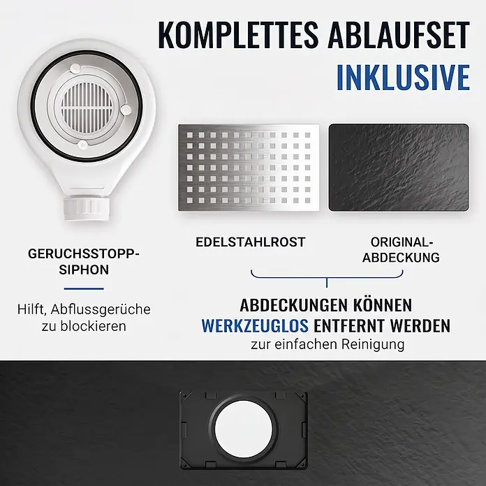 Dalsys Duschwannen-Set - L x B: 100 x 80 cm, Verbundwerkstoff - Komplettes Ablaufset mit Geruchsstopp-Siphon, Edelstahlrost und schwarzer Abdeckung zur einfachen Reinigung.