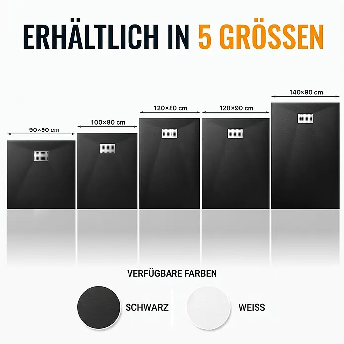 Dalsys Duschwannen-Set - L x B: 100 x 80 cm, Verbundwerkstoff - Fünf schwarze, rechteckige Duschwannen in verschiedenen Größen, von 90x90 cm bis 140x90 cm. Auch in Weiß erhältlich.