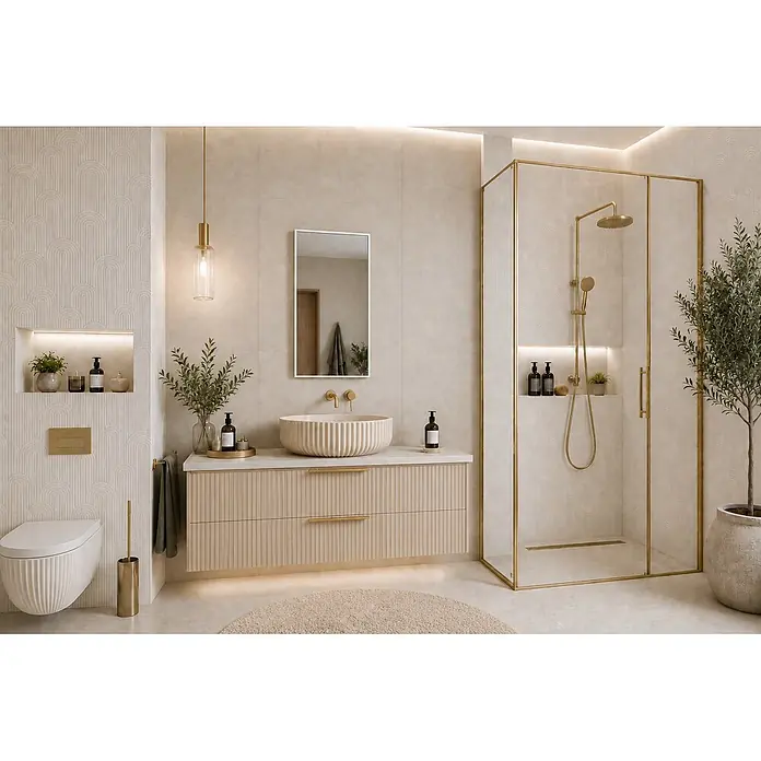 Cordia Rahmenspiegel - 41 x 80 cm, Weiß, Aluminium - Ein elegantes Bad in Beige und Gold mit geriffelter Waschtischplatte, Aufsatzwaschbecken, wandhängendem WC und Glasdusche mit Goldarmaturen.