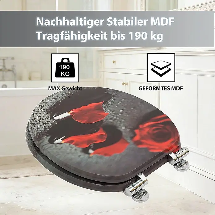 SAINOS WC-Sitz MDF WC-Sitz, Universal-O-Form, Absenkautomatik, Unten - MDF, Rot, Mit Absenkautomatik - Dunkler MDF-Toilettensitz mit roten Rosen und Blütenblättern, stabil und bis 190 kg belastbar im Badezimmer.