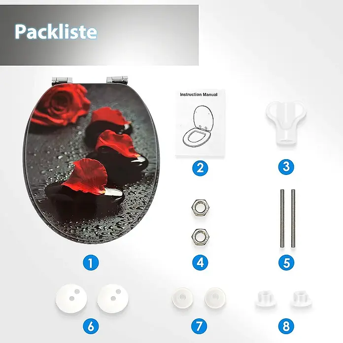 SAINOS WC-Sitz MDF WC-Sitz, Universal-O-Form, Absenkautomatik, Unten - MDF, Rot, Mit Absenkautomatik - Montageset für einen Toilettensitz mit rotem Rosen- und Wassertropfen-Design. Enthält den Toilettensitz, Anleitung und alle Befestigungsteile.