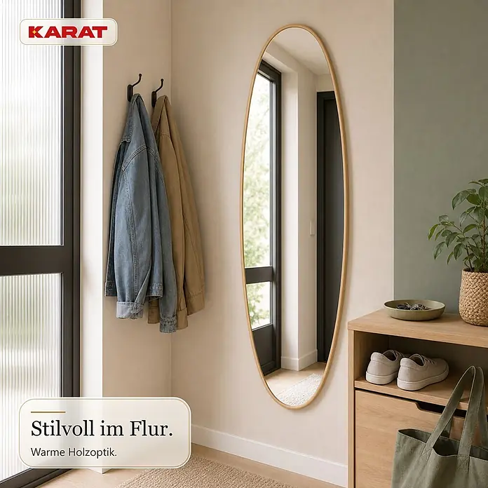 Floordirekt Wandspiegel Nina - 65,1 x 150,1 cm - Ovaler Spiegel mit Holzrahmen in einem hellen Flur.