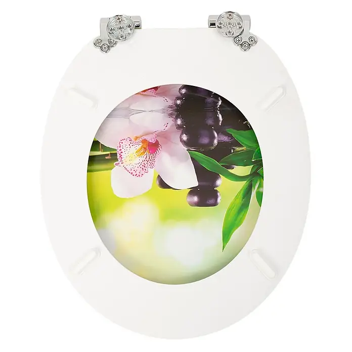 SAINOS WC-Sitz MDF WC-Sitz, Universal-O-Form, Absenkautomatik, Unten - MDF, Grün, Mit Absenkautomatik - Weißer Toilettensitz mit Chromscharnieren und einem zentralen Blumenmotiv mit Orchidee und Bambus.