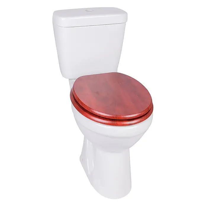 SAINOS WC-Sitz MDF WC-Sitz, Rot, Universal-O-Form, Absenkautomatik, Unten - MDF, Rot, Mit Absenkautomatik - Weißes Keramik-WC mit dunkelrotem Holz-Toilettensitz.
