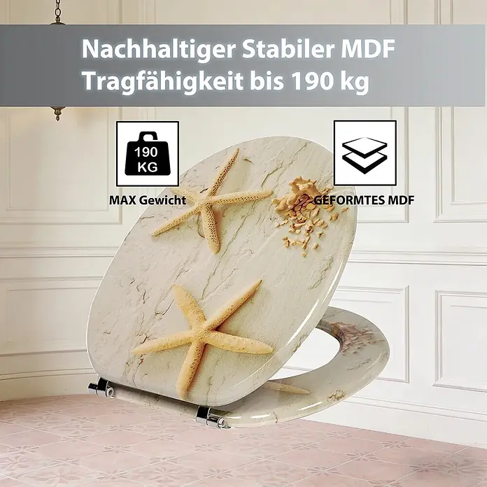 SAINOS WC-Sitz MDF WC-Sitz, Gelb, Universal-O-Form, Absenkautomatik, Unten - MDF, Gelb, Mit Absenkautomatik - WC-Sitz aus stabilem MDF mit Seestern-Strand-Design, tragfähig bis 190 kg.