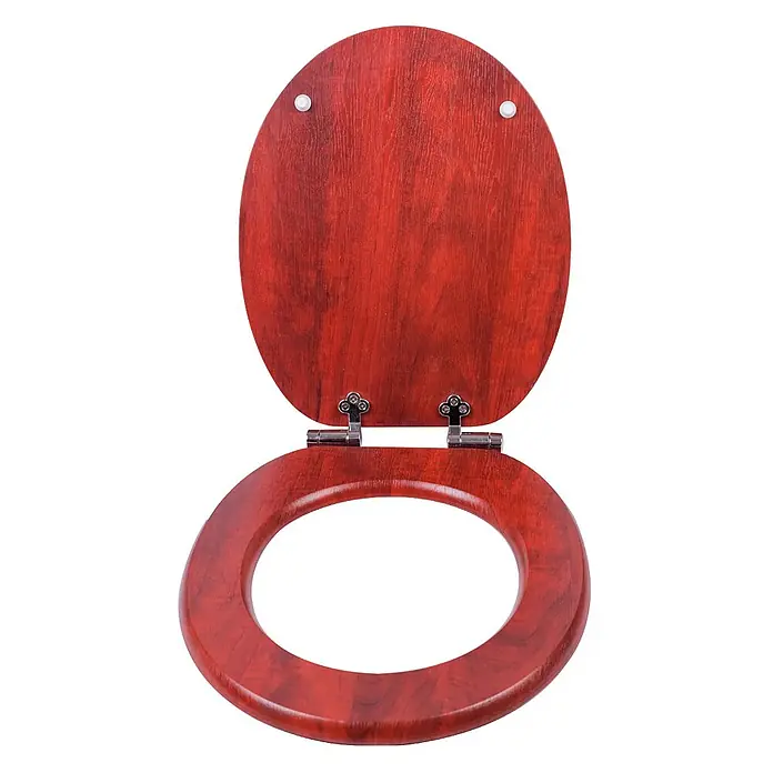 SAINOS WC-Sitz MDF WC-Sitz, Rot, Universal-O-Form, Absenkautomatik, Unten - MDF, Rot, Mit Absenkautomatik - Roter Holz-Toilettensitz mit geöffnetem Deckel und Ring, zeigt Holzmaserung und Metallscharniere.