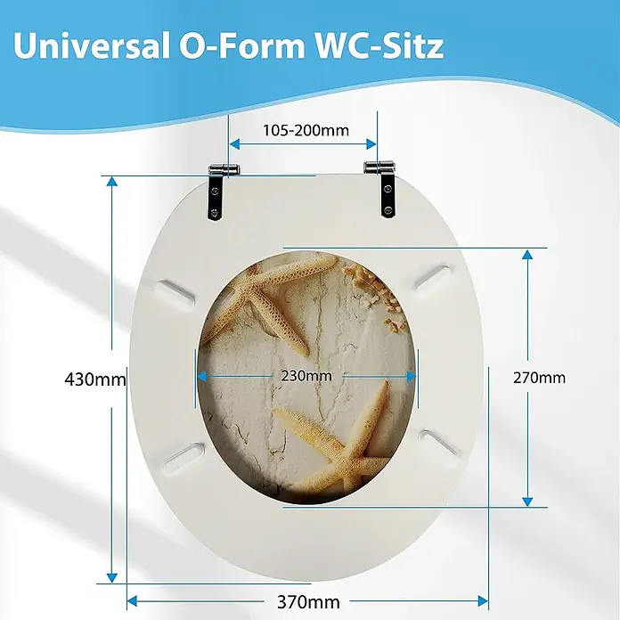 SAINOS WC-Sitz MDF WC-Sitz, Gelb, Universal-O-Form, Absenkautomatik, Unten - MDF, Gelb, Mit Absenkautomatik - Weißer O-förmiger WC-Sitz mit Seesternmuster, zeigt Abmessungen für universelle Passform.