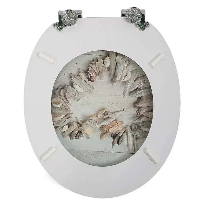 SAINOS WC-Sitz MDF WC-Sitz, Universal-O-Form, Absenkautomatik, Unten - MDF, Beige, Mit Absenkautomatik - Weißer Toilettensitz mit durchsichtiger Abdeckung und Inlay aus Treibholz und Muscheln im maritimen Stil.