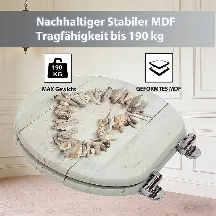 SAINOS WC-Sitz MDF WC-Sitz, Universal-O-Form, Absenkautomatik, Unten - MDF, Beige, Mit Absenkautomatik - Weißer MDF-Toilettensitz mit Muschel- & Treibholz-Herzdesign und stabilen Scharnieren, belastbar bis 190 kg.
