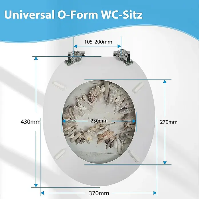 SAINOS WC-Sitz MDF WC-Sitz, Universal-O-Form, Absenkautomatik, Unten - MDF, Beige, Mit Absenkautomatik - Weißer O-förmiger WC-Sitz mit Muscheldekoration und detaillierten Maßen.
