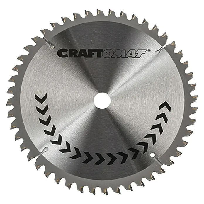 Craftomat Kreissägeblatt HM - 160 mm, Bohrung: 16 mm - 20 mm, Anzahl Zähne: 48 Stk. - Nahaufnahme eines Kreissägeblatts von Craftomat, das zum Schneiden von Holz und anderen Materialien verwendet wird.