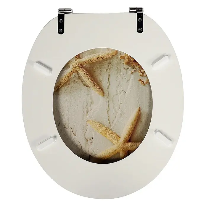 SAINOS WC-Sitz MDF WC-Sitz, Gelb, Universal-O-Form, Absenkautomatik, Unten - MDF, Gelb, Mit Absenkautomatik - Weißer Toilettensitz mit Strandmotiv, der Seesterne und Sand in der Mitte zeigt.