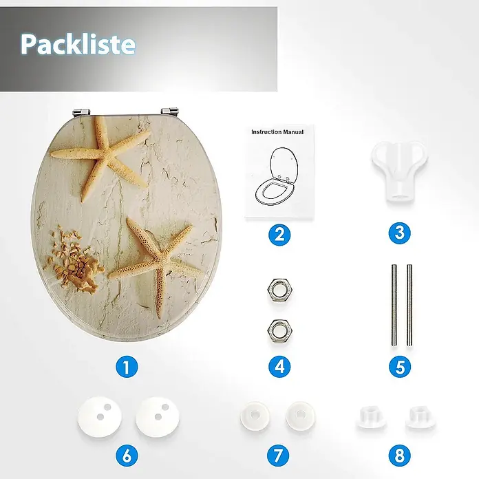 SAINOS WC-Sitz MDF WC-Sitz, Gelb, Universal-O-Form, Absenkautomatik, Unten - MDF, Gelb, Mit Absenkautomatik - Toilettensitz mit Seestern- und Sanddesign, inklusive Anleitung und Montagematerial zur Installation.