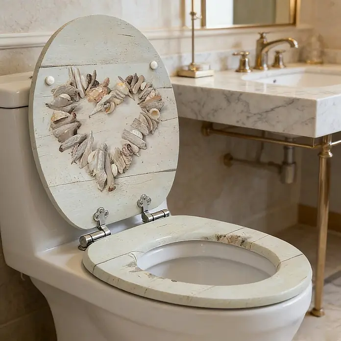 SAINOS WC-Sitz MDF WC-Sitz, Universal-O-Form, Absenkautomatik, Unten - MDF, Beige, Mit Absenkautomatik - Toilettensitz in Shabby-Chic-Holzoptik mit Herzmotiv aus Muscheln/Treibholz, offen im Bad.