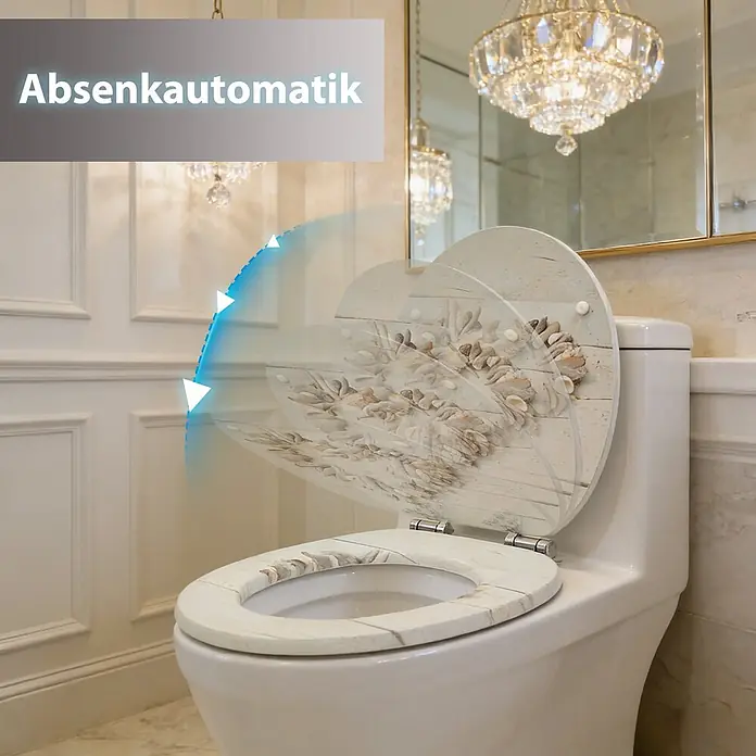 SAINOS WC-Sitz MDF WC-Sitz, Universal-O-Form, Absenkautomatik, Unten - MDF, Beige, Mit Absenkautomatik - Dekorativer Toilettensitz mit Muschel- und Holzdesign, der seine Absenkautomatik mit animierten Pfeilen beim sanften Schließen des Deckels zeigt.