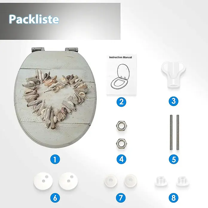 SAINOS WC-Sitz MDF WC-Sitz, Universal-O-Form, Absenkautomatik, Unten - MDF, Beige, Mit Absenkautomatik - Toilettensitz mit Muschel- und Treibholzherz-Design und allen Montageteilen.