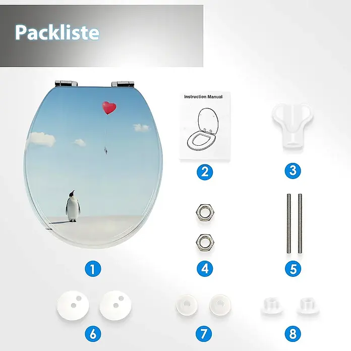 SAINOS WC-Sitz MDF WC-Sitz, Blau, Universal-O-Form, Absenkautomatik, Unten - MDF, Blau, Mit Absenkautomatik - Toilettensitz mit Pinguin- und Ballonmotiv, inklusive Anleitung und komplettem Montagematerial.
