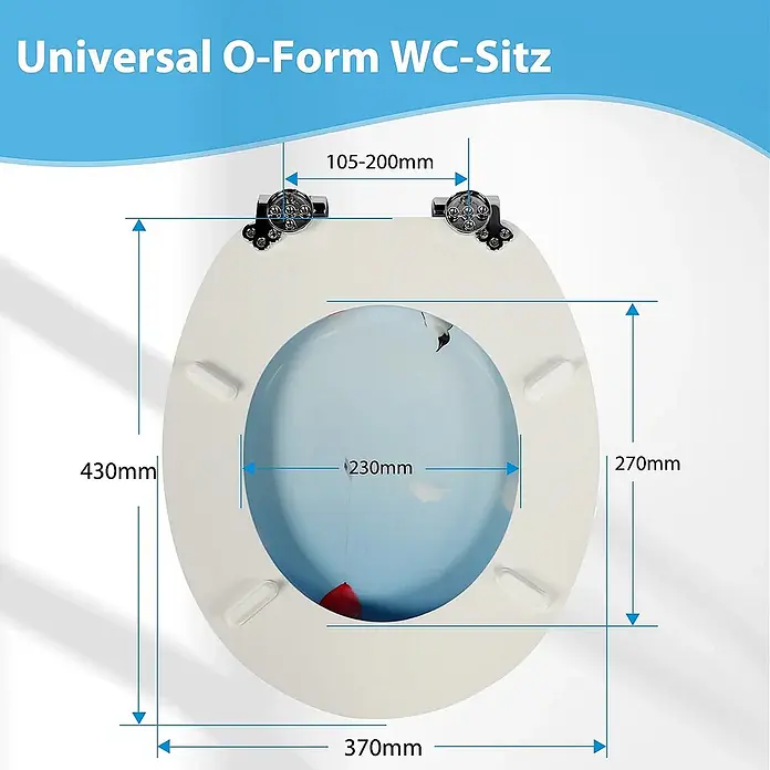 SAINOS WC-Sitz MDF WC-Sitz, Blau, Universal-O-Form, Absenkautomatik, Unten - MDF, Blau, Mit Absenkautomatik - Weißer O-Form WC-Sitz mit detaillierten Maßen für universelle Passform.