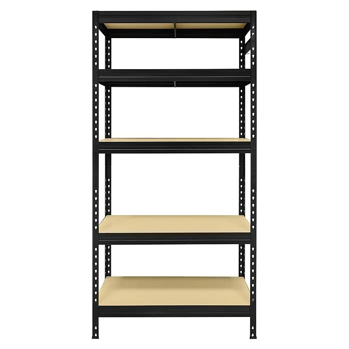 Metallregal Praktik - H x B x T: 180 x 90 x 45 cm, Traglast pro Boden: 250 kg, Anzahl Böden: 5 Stk., Stecken, Schwarz - Schwarzes Metallregal mit fünf hellbraunen Holzablagen für schwere Lasten.