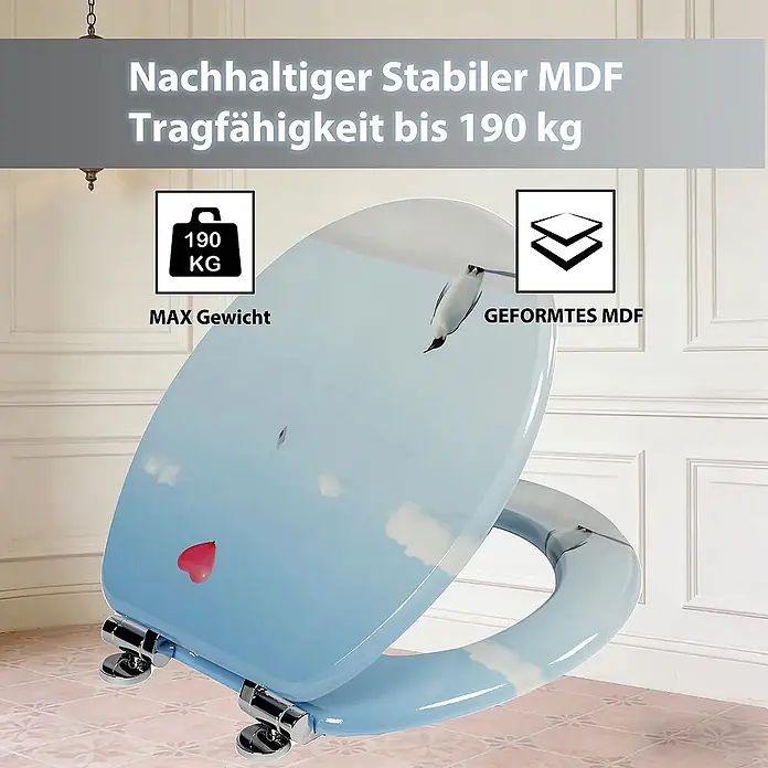 SAINOS WC-Sitz MDF WC-Sitz, Blau, Universal-O-Form, Absenkautomatik, Unten - MDF, Blau, Mit Absenkautomatik - Nachhaltiger, stabiler MDF Toilettensitz mit Himmel- und Herzmuster, bis 190 kg belastbar.