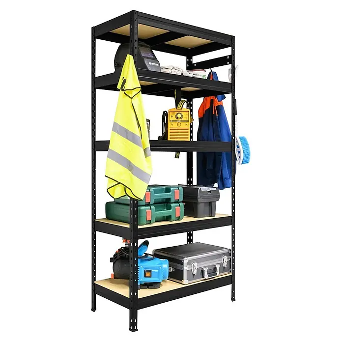 Metallregal Praktik - H x B x T: 180 x 90 x 45 cm, Traglast pro Boden: 250 kg, Anzahl Böden: 5 Stk., Stecken, Schwarz - Schwarzes Metallregal mit hellen Holzablagen, komplett ausgestattet mit diversen Werkzeugen, Schutzausrüstung und Arbeitskleidung.