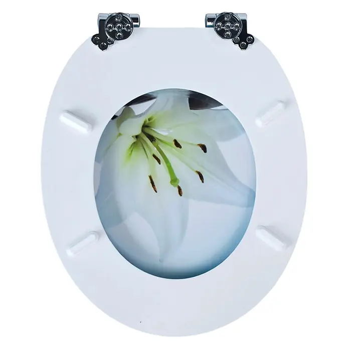 SAINOS WC-Sitz MDF WC-Sitz, Universal-O-Form, Absenkautomatik, Unten - MDF, Blau, Mit Absenkautomatik - Weißer Toilettensitz mit Chromscharnieren, Lilien-Design auf dem Deckel und weißen Puffern.