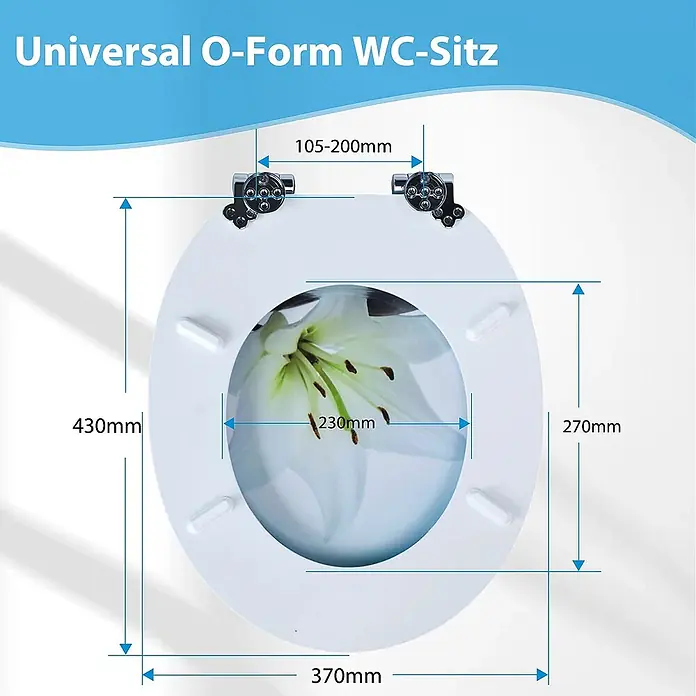 SAINOS WC-Sitz MDF WC-Sitz, Universal-O-Form, Absenkautomatik, Unten - MDF, Blau, Mit Absenkautomatik - Weißer O-förmiger WC-Sitz mit Lilienmotiv und Maßen: 430x370mm, Innenbreite 230mm, Scharnierabstand 105-200mm.