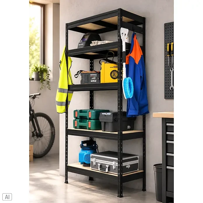 Metallregal Praktik - H x B x T: 180 x 90 x 45 cm, Traglast pro Boden: 250 kg, Anzahl Böden: 5 Stk., Stecken, Schwarz - Schwarzmetall-Regal mit hellen Holzablagen, gefüllt mit Werkzeugen und Ausrüstung in einer Werkstatt.