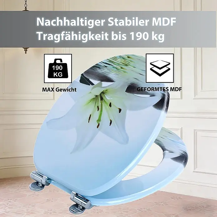 SAINOS WC-Sitz MDF WC-Sitz, Universal-O-Form, Absenkautomatik, Unten - MDF, Blau, Mit Absenkautomatik - Nachhaltiger, stabiler MDF-Toilettensitz mit weißem Lilienmuster und einer Tragfähigkeit bis 190 kg.