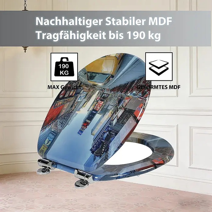 SAINOS WC-Sitz MDF WC-Sitz, Universal-O-Form, Absenkautomatik, Unten - MDF, Mehrfarbig, Mit Absenkautomatik - Toilettensitz mit Times Square Motiv, aus nachhaltigem, stabilem MDF, Tragfähigkeit bis 190 kg, in einem Raum.