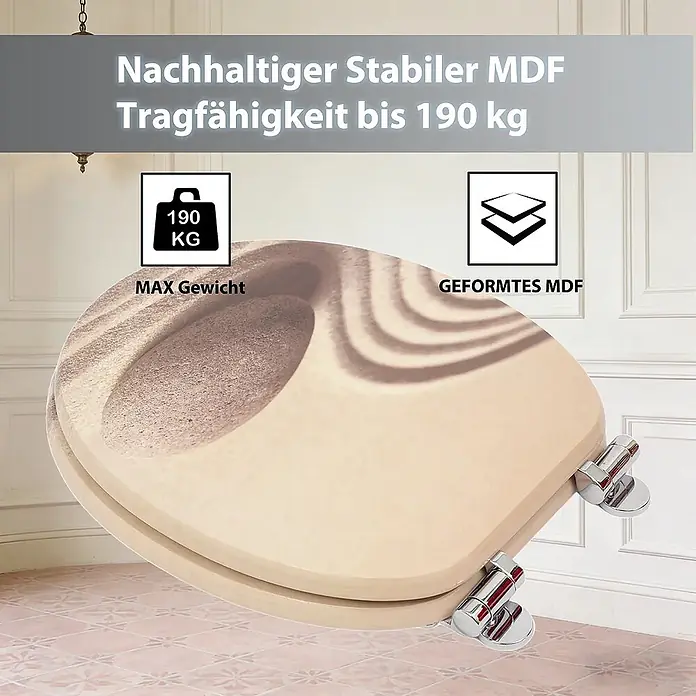 SAINOS WC-Sitz MDF WC-Sitz, Universal-O-Form, Absenkautomatik, Unten - MDF, Beige, Mit Absenkautomatik - Nachhaltiger, stabiler MDF Toilettensitz mit Sandmuster, Tragfähigkeit bis 190 kg.