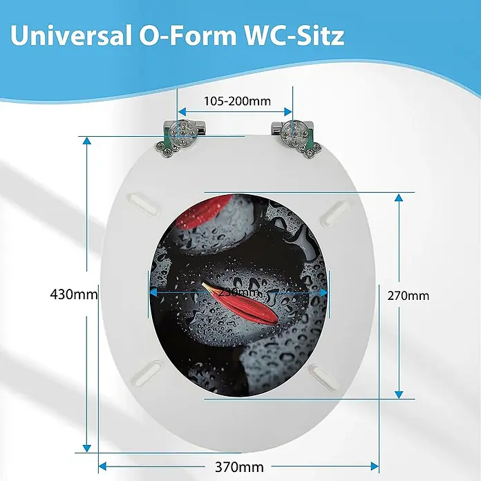 SAINOS WC-Sitz MDF WC-Sitz, Universal-O-Form, Absenkautomatik, Unten - MDF, Grau, Mit Absenkautomatik - Weißer universeller O-Form WC-Sitz mit dekorativem Innendruck und Maßangaben.