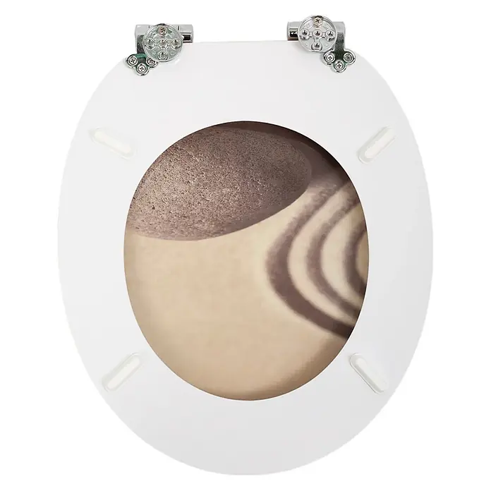 SAINOS WC-Sitz MDF WC-Sitz, Universal-O-Form, Absenkautomatik, Unten - MDF, Beige, Mit Absenkautomatik - Weißer Toilettensitz mit Chromscharnieren und vier unteren Puffern.