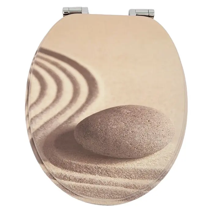 SAINOS WC-Sitz MDF WC-Sitz, Universal-O-Form, Absenkautomatik, Unten - MDF, Beige, Mit Absenkautomatik - Toilettensitz mit Zen-Garten-Motiv: Sand, geharkte Muster und ein Stein. Chromscharniere.