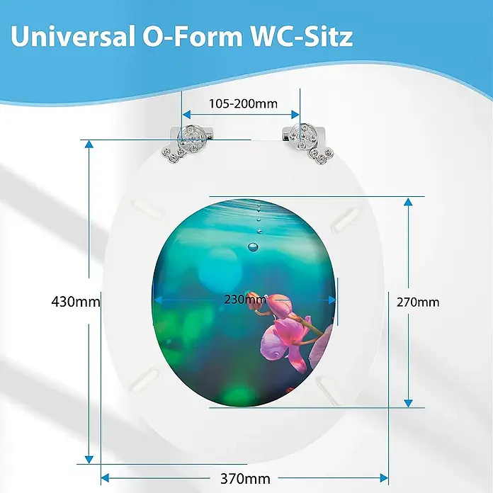 SAINOS WC-Sitz MDF WC-Sitz, Universal-O-Form, Absenkautomatik, Unten - MDF, Blau, Mit Absenkautomatik - Weißer universeller O-Form WC-Sitz mit Dekor und Maßangaben.