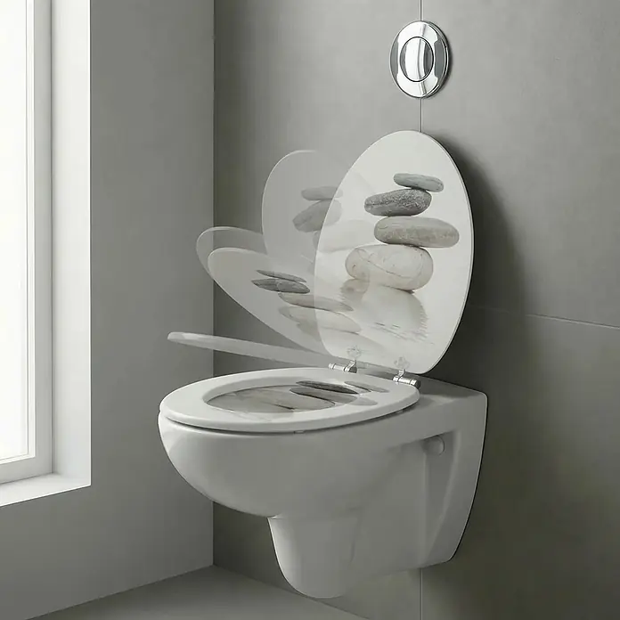 SAINOS WC-Sitz MDF WC-Sitz, Universal-O-Form, Absenkautomatik, Unten - MDF, Beige, Mit Absenkautomatik - Weißes wandhängendes WC mit WC-Sitz mit Steinmuster, das einen Absenkautomatik-Mechanismus zeigt.