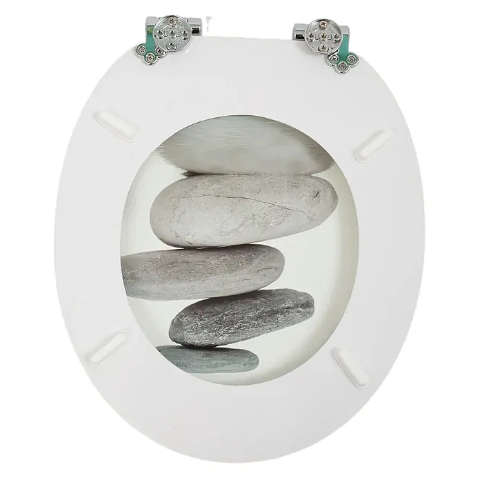 SAINOS WC-Sitz MDF WC-Sitz, Universal-O-Form, Absenkautomatik, Unten - MDF, Beige, Mit Absenkautomatik - Weißer Toilettensitz mit Chromscharnieren und transparentem Einsatz mit gestapelten Zen-Steinen im Wasser.
