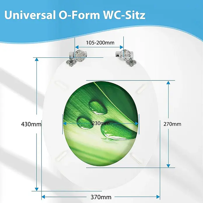 SAINOS WC-Sitz MDF WC-Sitz, Grün, Universal-O-Form, Absenkautomatik, Unten - MDF, Grün, Mit Absenkautomatik - Weißer O-Form WC-Sitz mit grünem Blattdesign und allen Maßen.