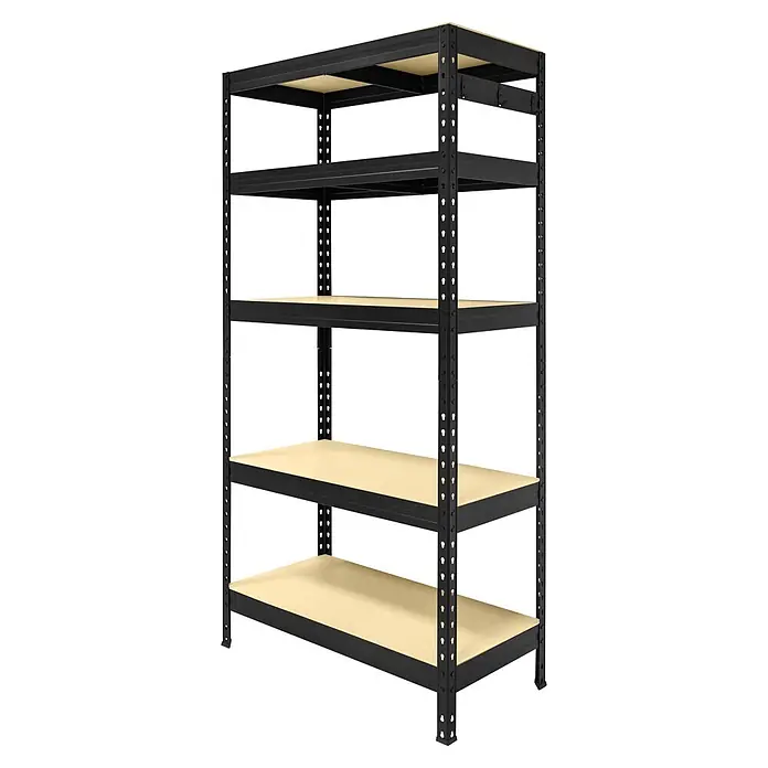 Metallregal Praktik - H x B x T: 180 x 90 x 45 cm, Traglast pro Boden: 250 kg, Anzahl Böden: 5 Stk., Stecken, Schwarz - Schwarzes Metallregal mit fünf hellen Holzablagen.