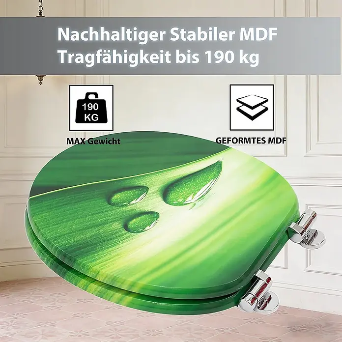 SAINOS WC-Sitz MDF WC-Sitz, Grün, Universal-O-Form, Absenkautomatik, Unten - MDF, Grün, Mit Absenkautomatik - Grüner Toilettensitz mit lebhaftem Blatt- und Wassertropfen-Design, aus stabilem MDF, bis zu 190 kg belastbar.