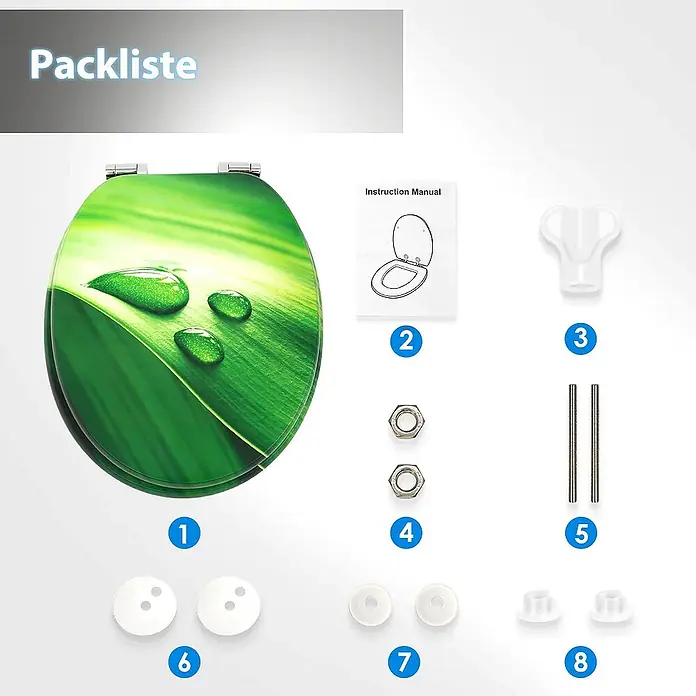 SAINOS WC-Sitz MDF WC-Sitz, Grün, Universal-O-Form, Absenkautomatik, Unten - MDF, Grün, Mit Absenkautomatik - Toilettensitz mit grünem Blattmuster und sämtlichem Montagezubehör wie Schrauben, Muttern und Puffern.